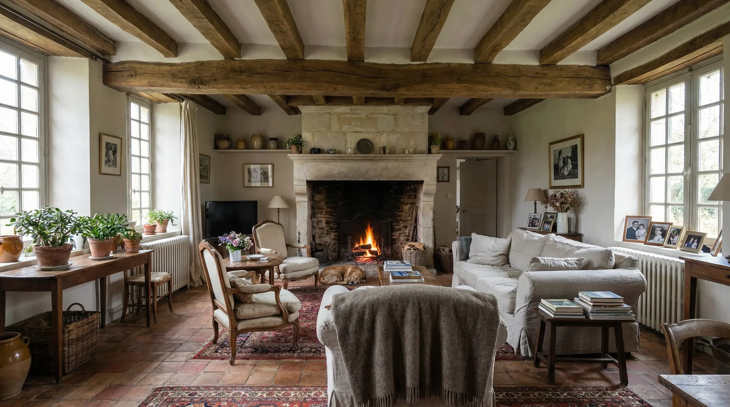 Interior of character French property with exposed beams and stone fireplace