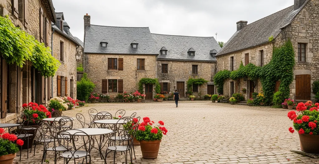 Quiet village square in Corrèze region with stone buildings