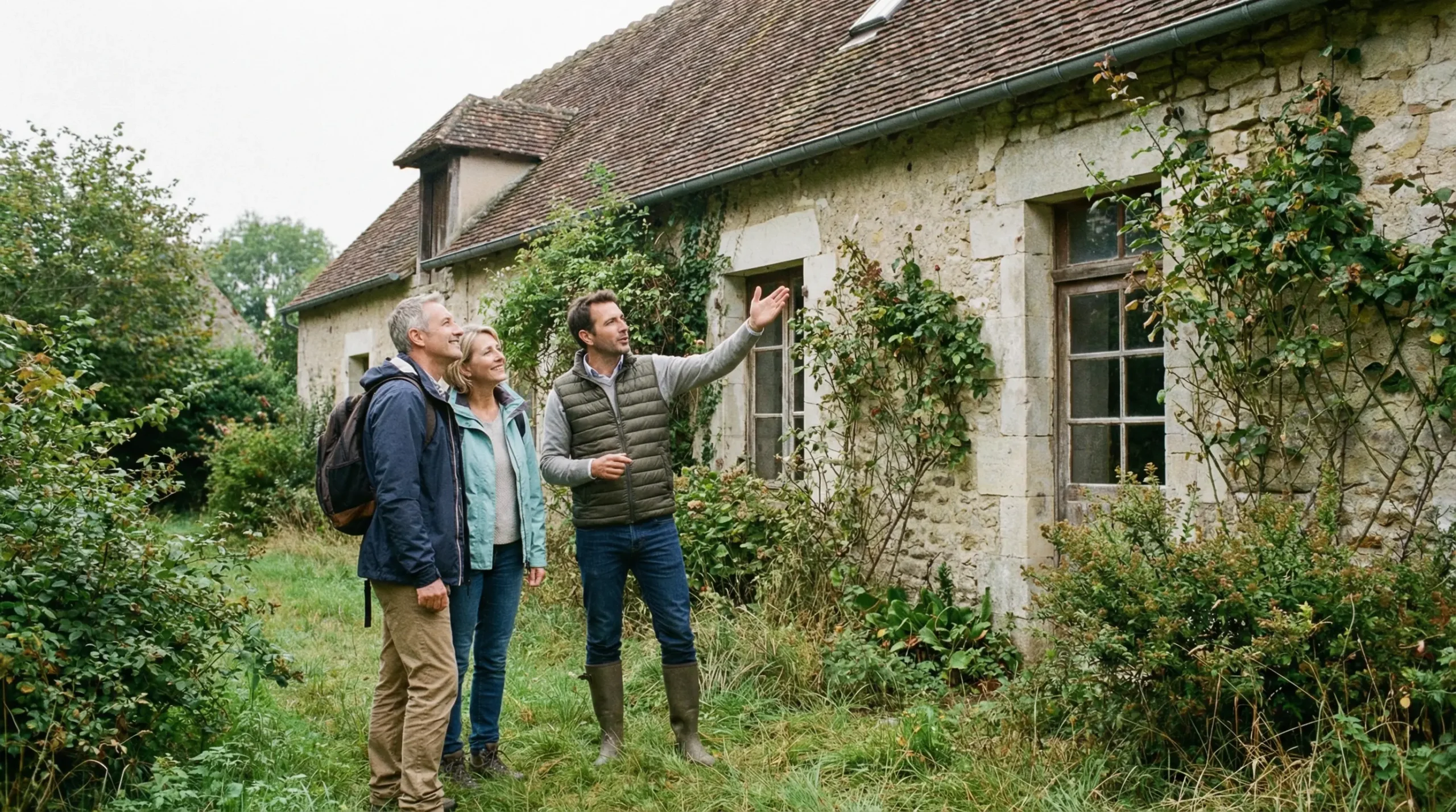 Couple viewing French stone cottage with estate agent during property search