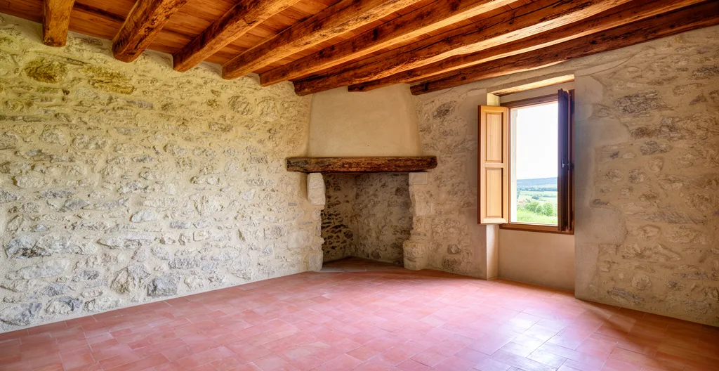 Renovated French stone house interior showing exposed walls and beams