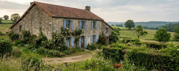 French stone farmhouse with blue shutters in Limousin countryside property search