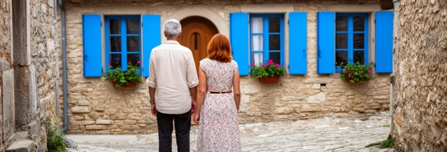 Couple viewing traditional stone house in Limousin village street